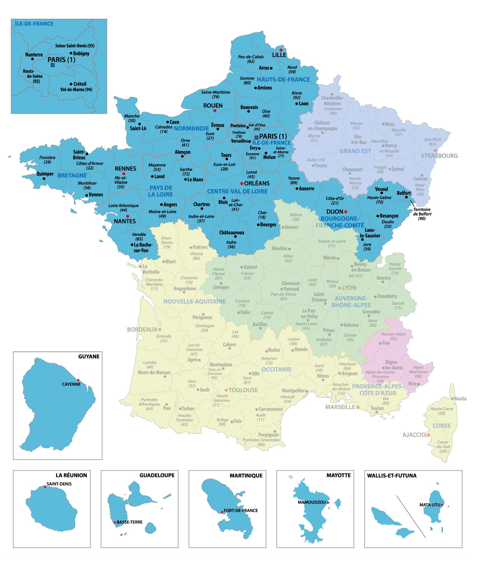 Cartina della circoscrizione consolare di Parigi: in azzurro i dipartimenti evidenziati nella Francia metropolitana e alcuni territori d’Oltremare